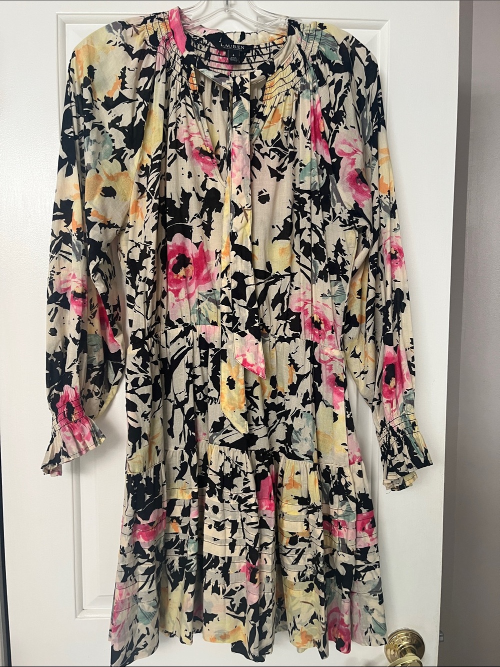 Lauren Ralph Lauren Black, Cream, Pink Floral Tiered Dress